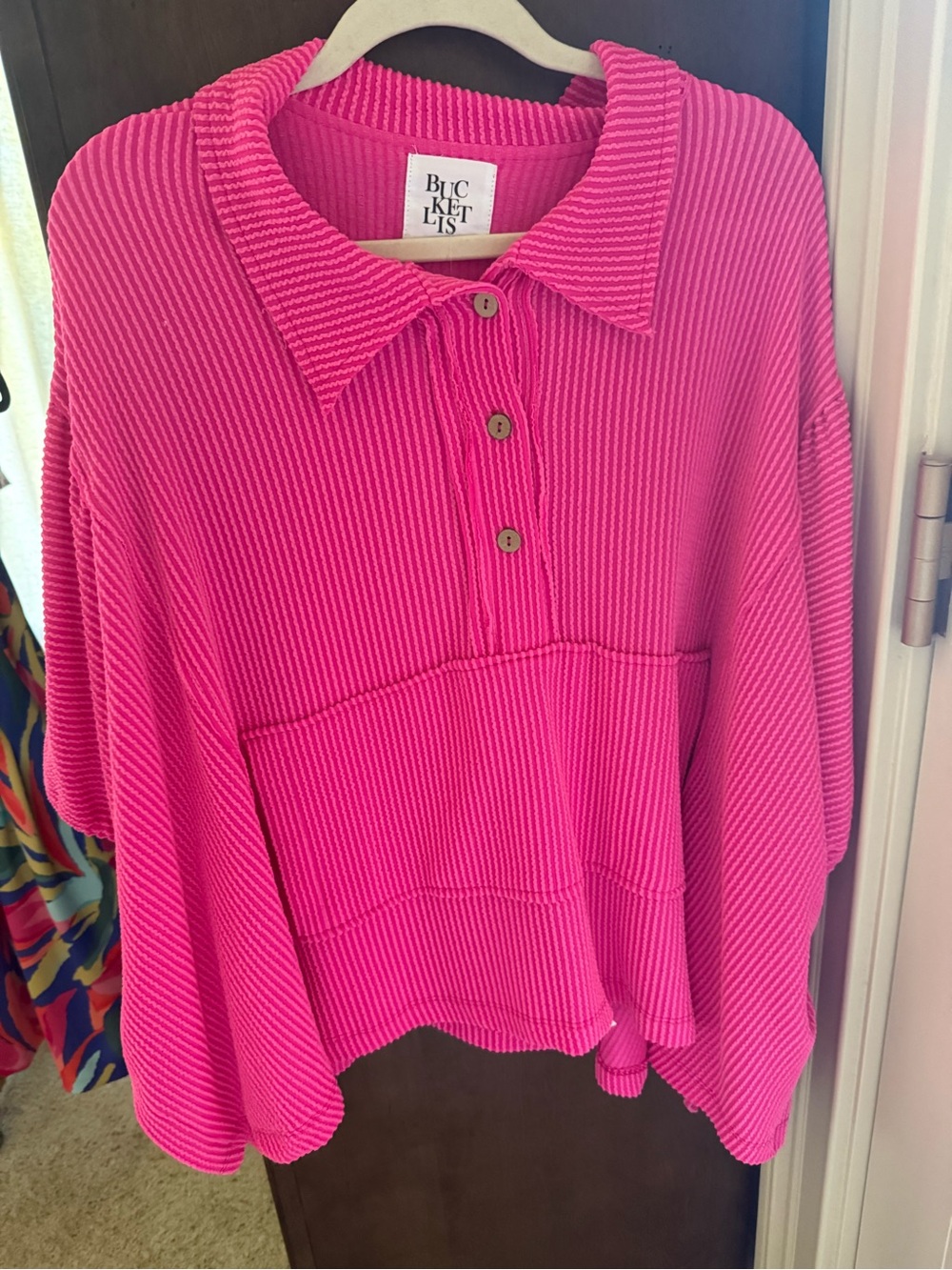 Bucket List Hot Pink oversized Ribbed Button Polo Top